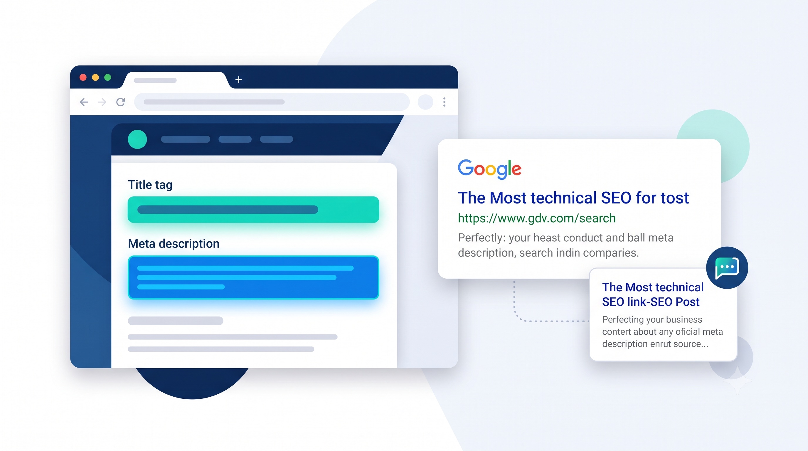Meta title and description optimization guide — browser tab, Google search snippet, and AI chat link preview showing title and description tags