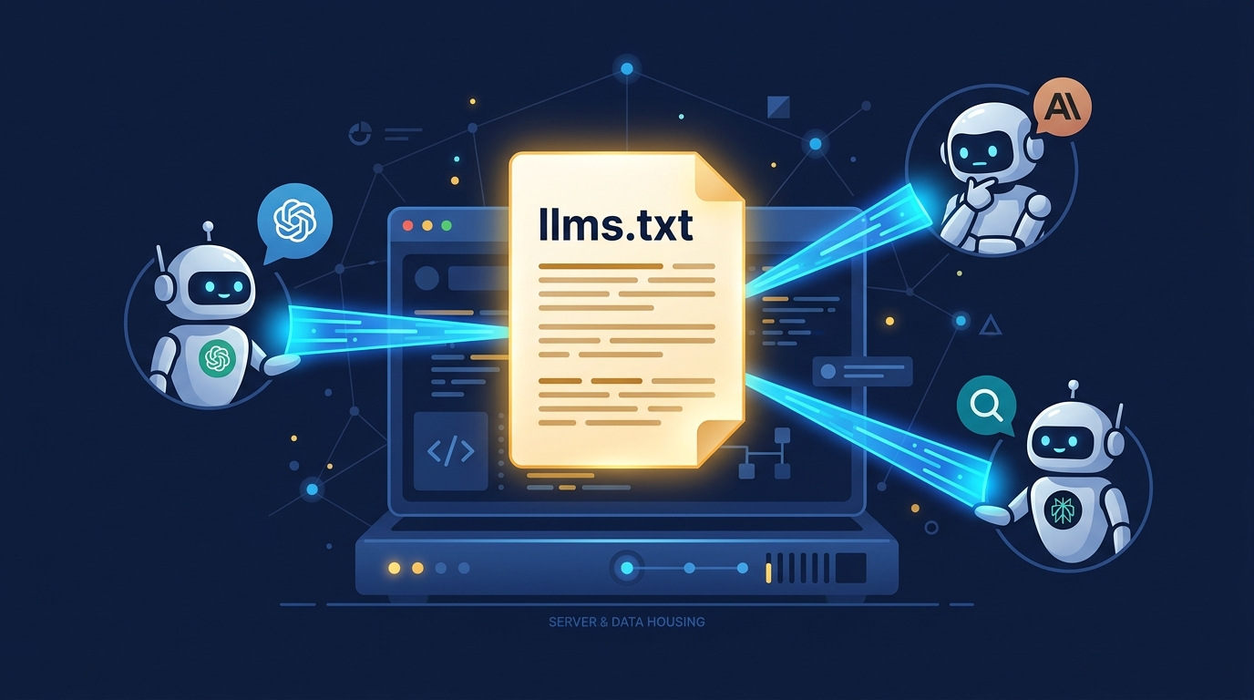 What is llms.txt — AI robots reading an llms.txt file via data beams from a website server